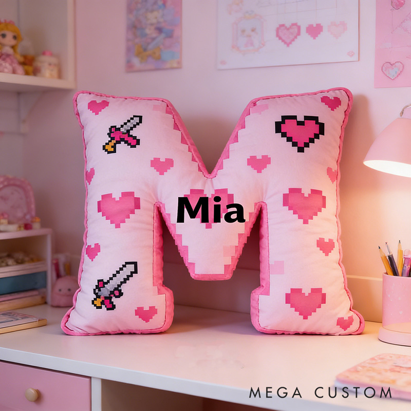 Personalized Game Heart Pixels Letter Pillow with Name Perfect Gift for Gamers and Kids for Valentine's Day Anniversary Confession birthday