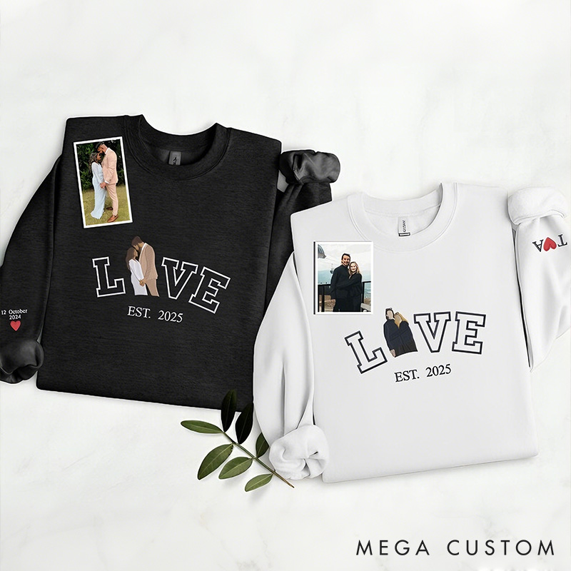 Personalized Couple Embroidered Photo Portrait Matching Sweatshirts Custom Couple LOVE Hoodie with Text Valentine's Day Gift Anniversary Gift