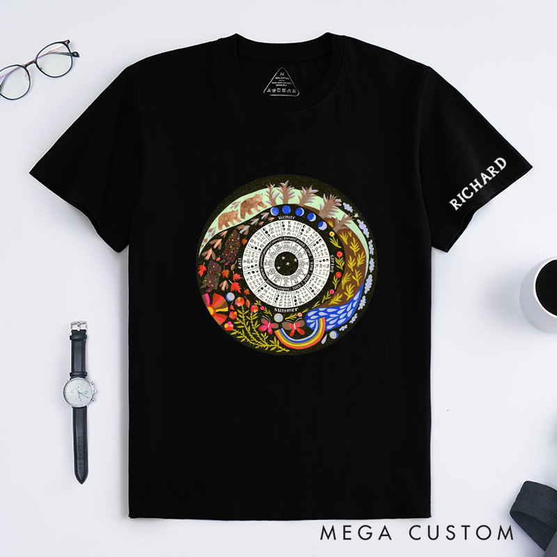 Personalized Nature Zodiac Calendar T-Shirt Custom Name Seasonal Moon Phase Chart Tee Unique Artistic Unisex Gift for Astrology Lovers and Family