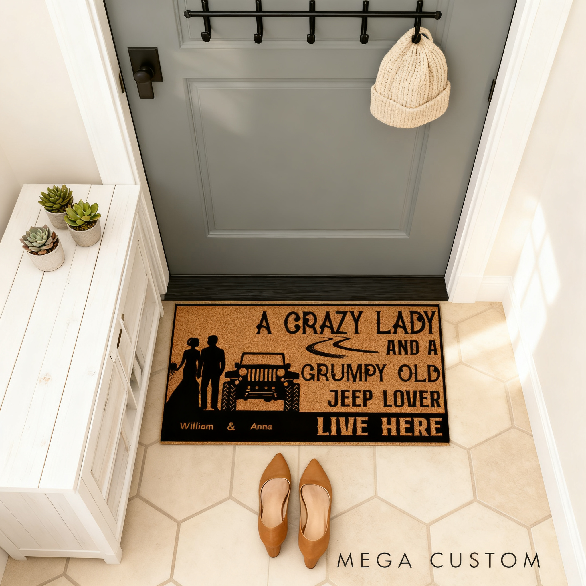 Personalized Couple Jeep Lover Doormat Custom Name Funny Entry Rug Car Enthusiast Welcome Mat Gift For Valentine Family And Offroad Fans