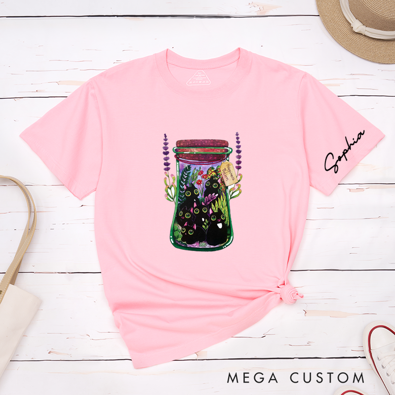 Personalized Cute Black Cat Happiness Potion T-Shirts Unique Artistic Gift for Cat Lovers Custom Pet Design Unisex Classic Tee