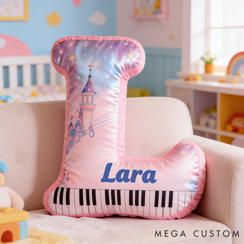 Personalized Castle Piano Letter Pillow with Name Soft Stuffed Toy for Kids Music Lovers Unique Decorative Cushion for Girls' Room