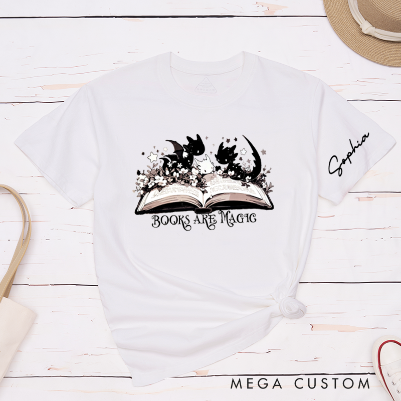 Personalized Books Are Magic Classic T-Shirts Cute Cartoon Dragon Lovers Custom Name Gift for Book Lovers Unisex Reading Tee 
