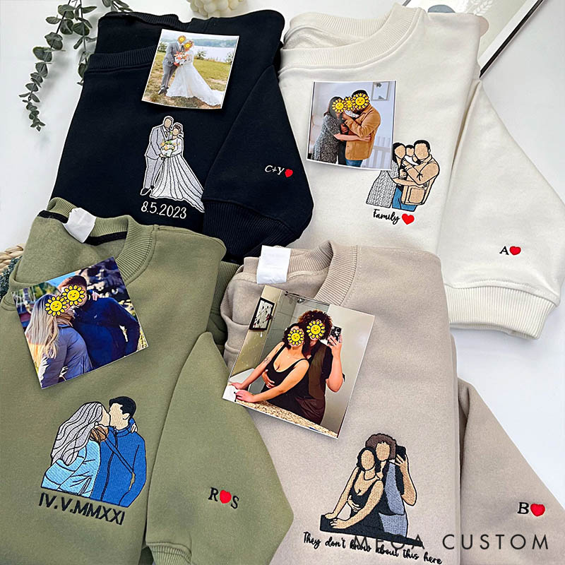 Personalized Couple Embroidered Photo Portrait Matching Sweatshirts Custom Couple Hoodies with Text Valentine's Day Gift Anniversary Gift for Him Her