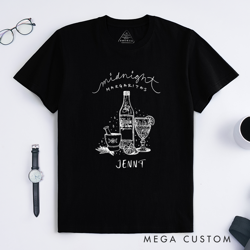 Personalized Midnight Margarita Tequila Lovers Classic T-Shirts Custom Witchy Cocktail Graphic Tee Unique Hand Drawn Gift For Margarita Enthusiasts