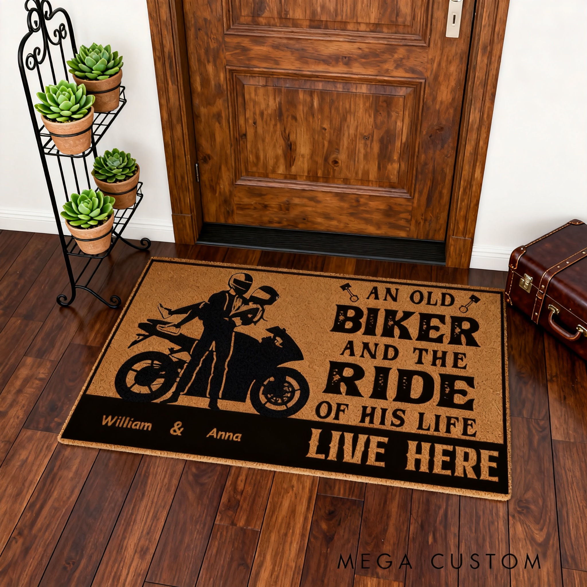 Personalized Biker Couple Doormat Custom Name Motorcycle Lover Entry Rug Funny Welcome Mat Gift For Rider Family and Motorbike Enthusiasts