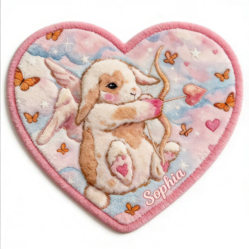 Personalized Bunny Angel Theme Custom Name Heart Shape Cute Pink Cloud Style Carpet Rug for Kids