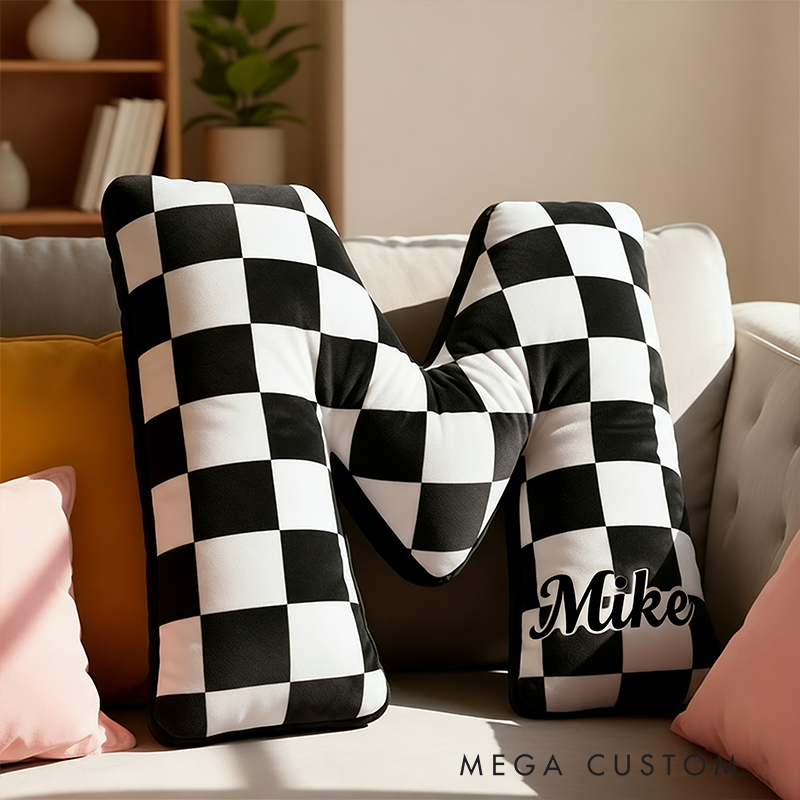 Personalized Racing Letter Throw Pillow Graphic 3D Print Custom Name Checkered Flag Cushion Gift for Racers and Racing Lovers
