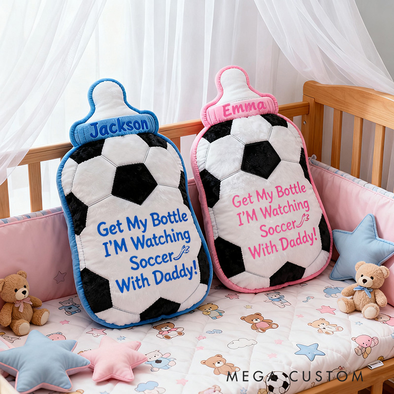 Personalized Soccer Bottle Name Custom Baby Gift Blue Pink Fun Sports Watching Soccer With Daddy Soft Decorative Graphic 3D Print Pillow
