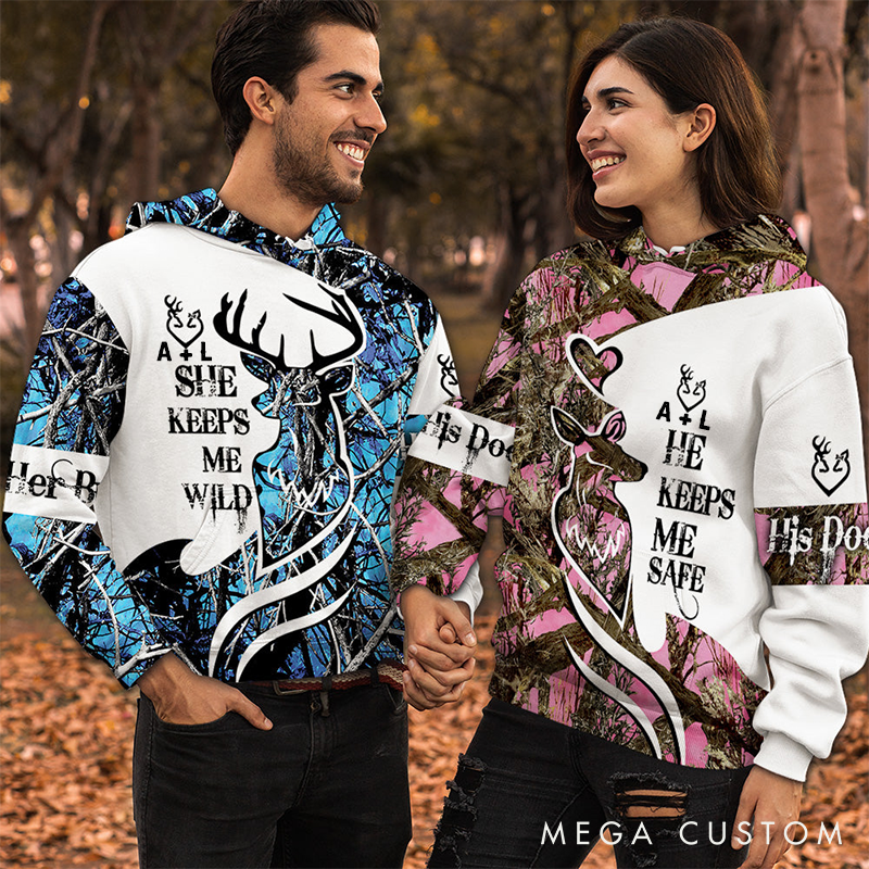 Personalized He Keeps Me Safe She Keeps Me Wild Couple Over Print Matching 3D Hoodie Valentine Gift for Couple 