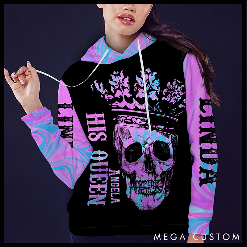 Personalized Skull Color Beauty King And Queen Matching 3D Hoodie Custom Name All Over Print Valentine Gift for Couple 