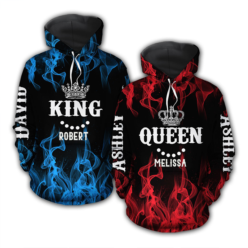 Personalized King And Queen Matching 3D Hoodie For Couple Custom Name All Over Print Hoodie Valentine Gift Couple 