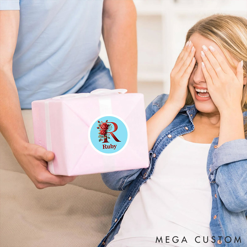 Personalized Romantic Rose Initial Stickers Labels with Name Gift Decor Valentine's Day Stickers Gift for Couple Anniversary Gift for Her for Lovers