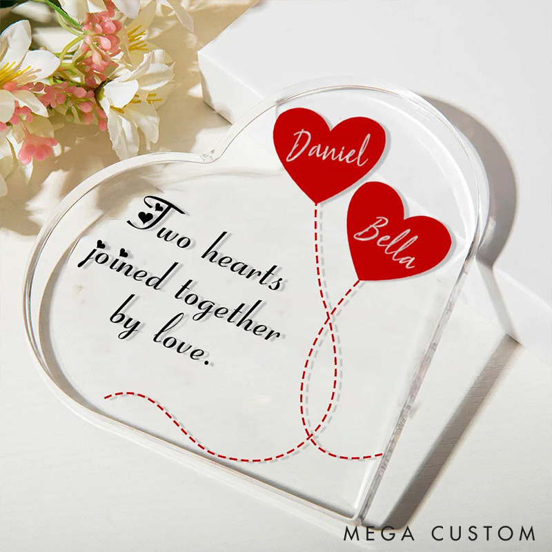 Personalized Couple Two Hearts Joined Together By Loves Heart Shaped Acrylic Plaque with Name Valentines Day Gift for Wife Husband for Couple