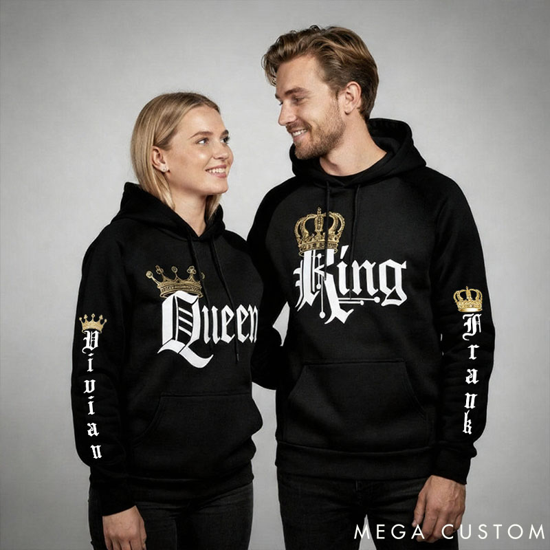 Personalized Couple Royal King and Queen with Crown Matching Hoodie Custom Couple Sweatshirt with Name Anniversary Valentine's Day Gift for Him Her
