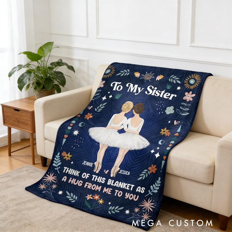 Personalized Cartoon Sister Blanket 'A Hug From Me To You' Custom Photo and Name Gift for Family Friends Dancer
