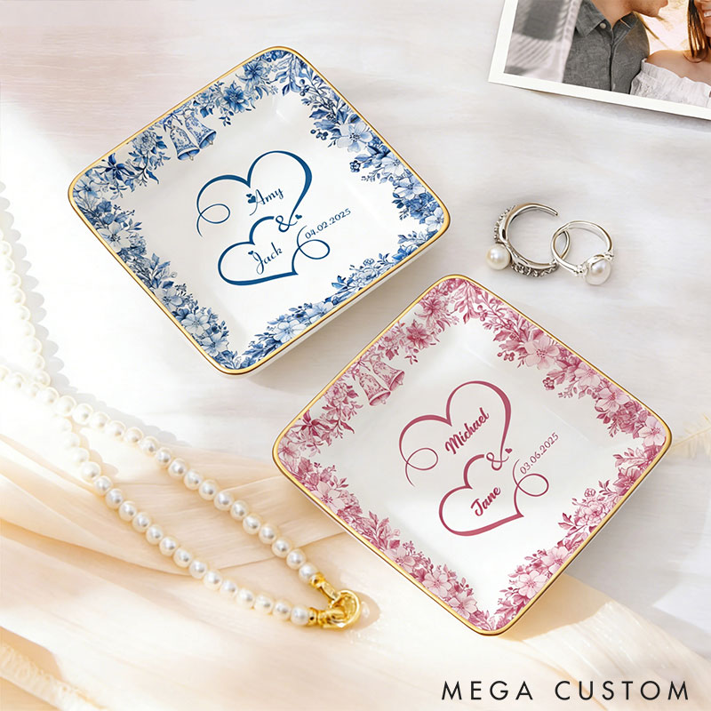 Personalized Heart Flower Ceramic Trinket Jewelry Dish with Name and Date Toile De Jouy Ring Dish Valentine's Gift for Wife Anniversary Gift for Girlfriend
