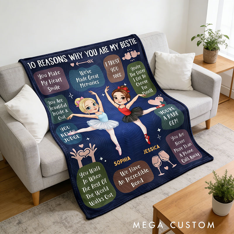 Personalized Cartoon Sister Blanket '10 Reasons Why You're My Bestie' Custom Photo and Name Gift for Family Friends Dancer