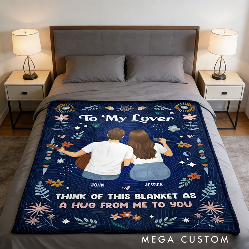 Personalized Cartoon Lover Blanket 'A Hug From Me To You' Custom Photo and Name Gift for Couple Familys Friends Music Lovers for Valentine's Day Anniversary