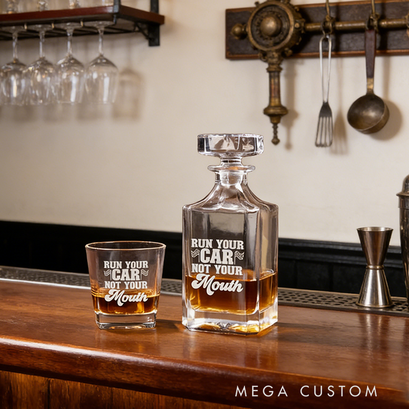 Personalized Racing Gifts Custom Whiskey Decanter and Glass Set with Engraved Text for Car and Racing Lovers