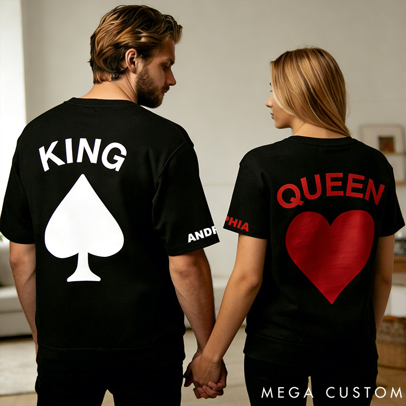 Personalized Couple King and Queen Matching T-Shirts with Name Custom Couple Playing Card Shirts Tee Valentine's Day Gift for Him Her Anniversary Gift