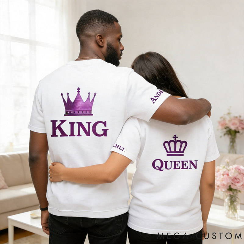Personalized Couple Purple King and Queen with Crown Matching T-Shirts Custom Couple Shirts Tee with Name Anniversary Gift Valentine's Day Gift