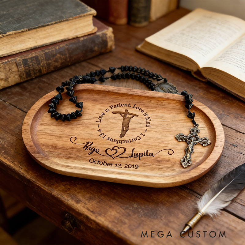 Personalized Love is Patient Wooden Rosary Tray Jewelry Holder with Custom Name and Date Religious Gift Anniversary Wedding Gift Catholic Gift