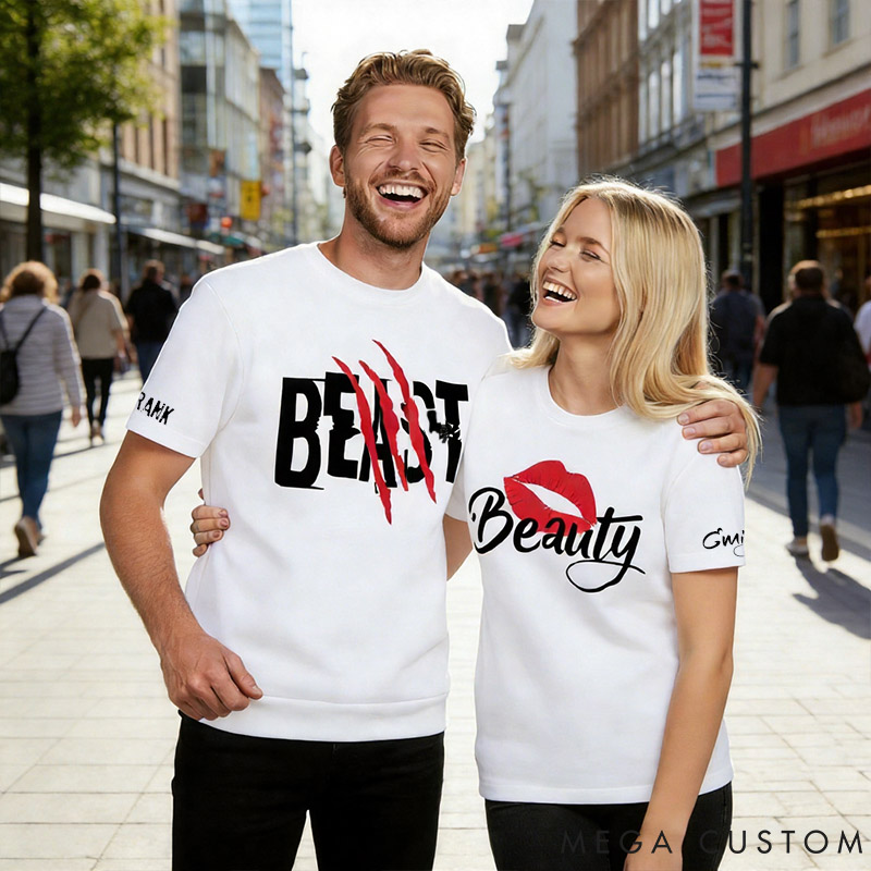 Personalized Couple Beast with Claw and Beauty with Kiss Matching T-Shirts Custom Couple Shirts Tee with Name Anniversary Gift Valentine's Day Gift