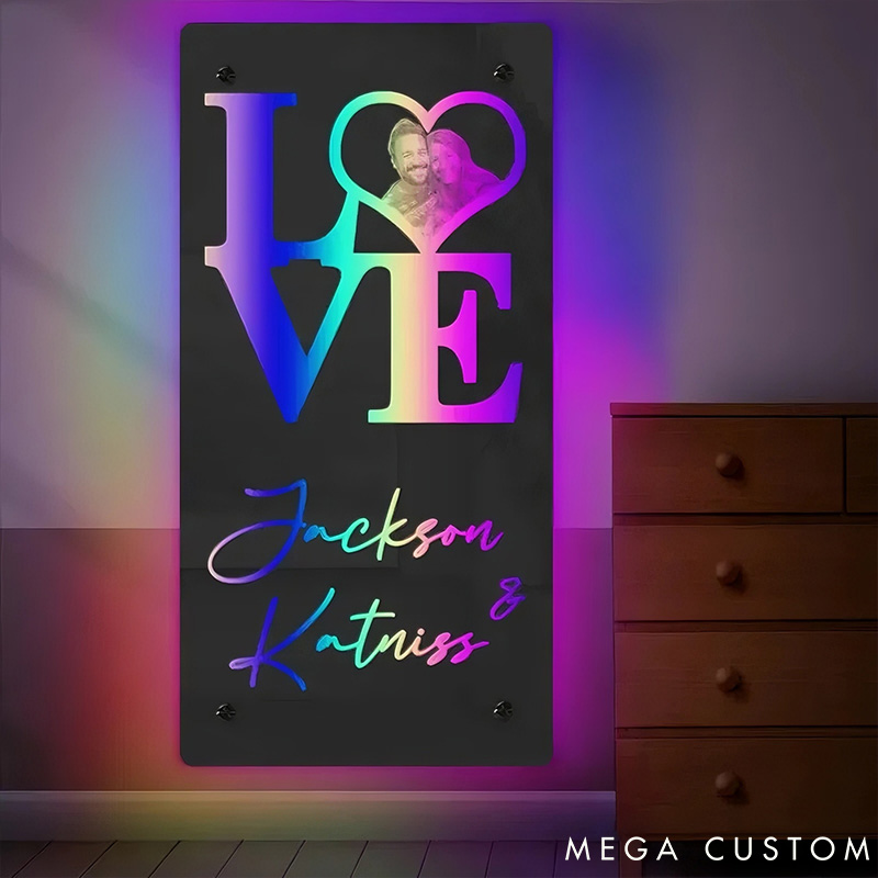 Personalized Couple Photo LOVE with Name Seductive Mirror LED Light Custom Couple Portrait Mirror Light Anniversary Valentines Day Gift for Him Her