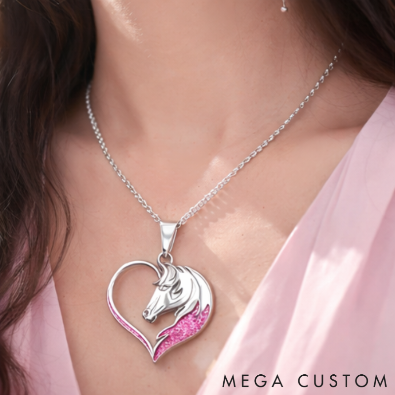 Personalized Horse Head Heart Pendant Necklace Custom Name Unique Holiday Gift for Couples