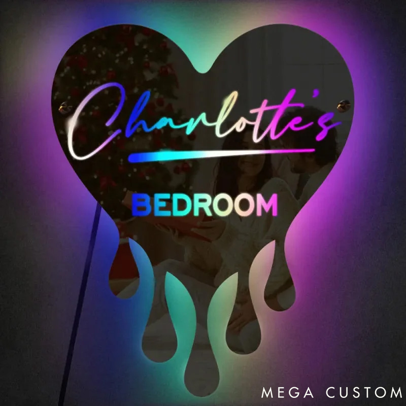Personalized Couple Melting Heart Mirror LED Light with Name Custom Couple Newlyweds Mirror Light Anniversary Gift Valentines Day Gift for Him Her
