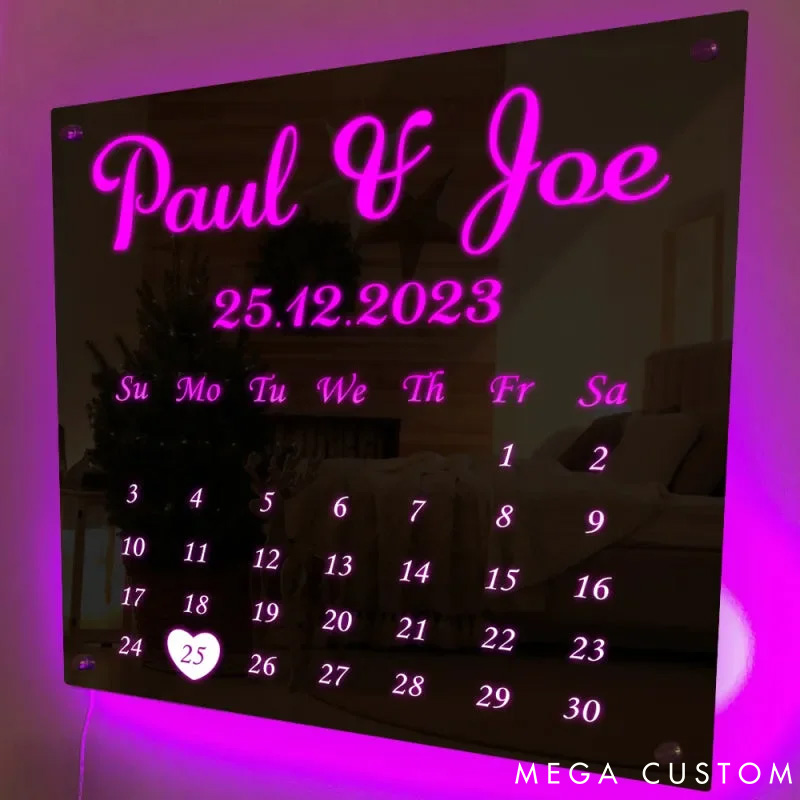 Personalized Couple Date Calendar Mirror LED Light with Name Custom Couple Newlyweds Mirror Light Anniversary Gift Valentines Day Gift for Him Her