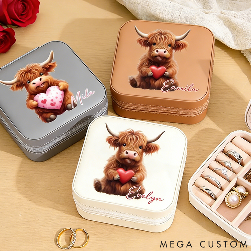 Personalized Pet Lover Cute Love Heart Highland Cow with Name Birthday Anniversary Valentine's Day Jewelry Box