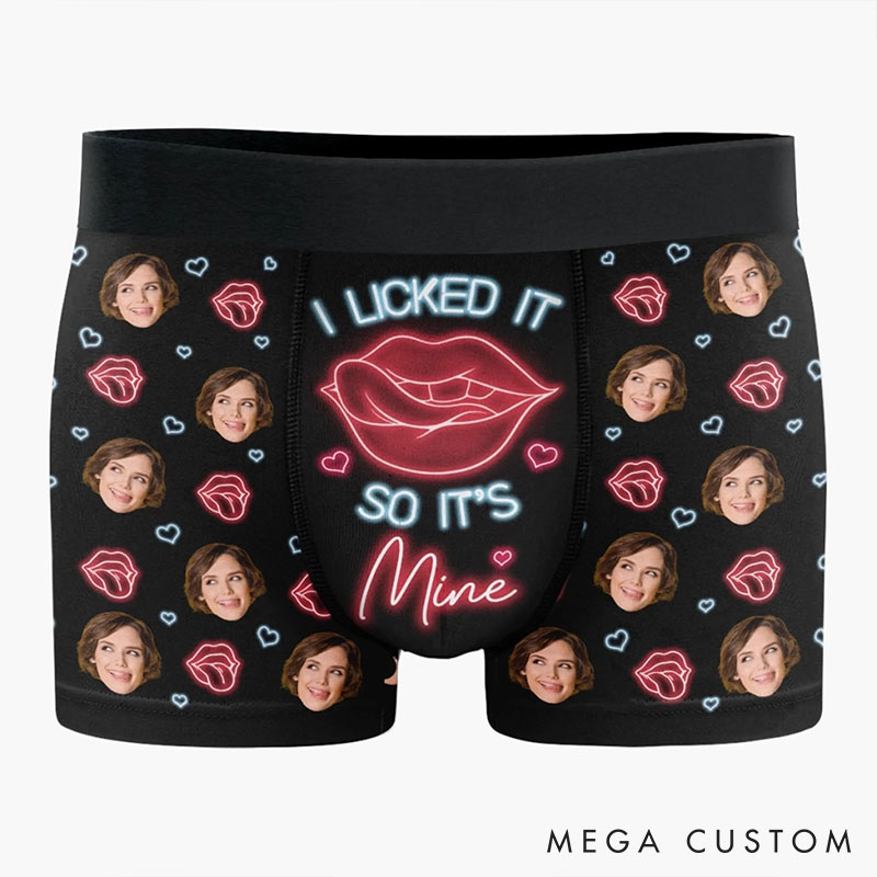Personalized Girlfriend Wife Face Neon-style I Licked It So It’s Mine Boxer Briefs Men Underwear with Woman Face Photo Valentines Day Gift for Him