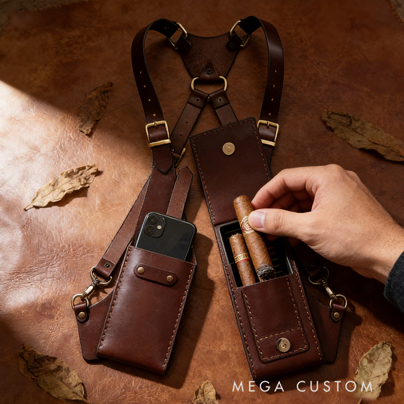 Leather Cigar & Phone Chest Rig – Adjustable Shoulder Harness with Cigar Holder, Cutter Pocket & Phone Pouch