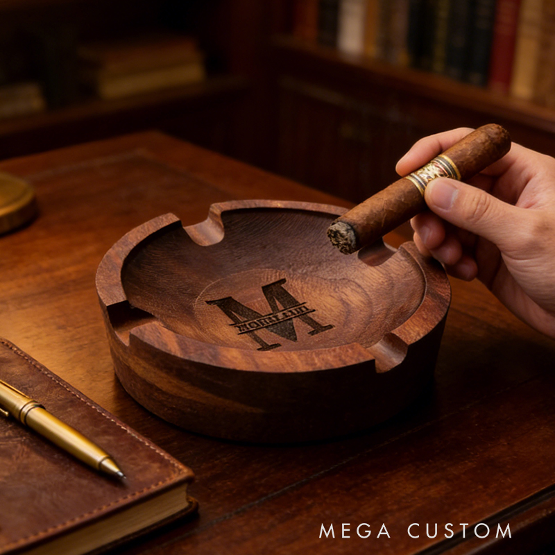 Personalized Custom Engraved Wooden Cigar Ashtray – Premium Solid Wood 4-Slot Ashtray