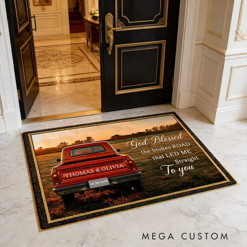Personalized Couple Gifts Custom Truck Door Mat with Names Vintage Pickup Entry Doormat for Home Decor