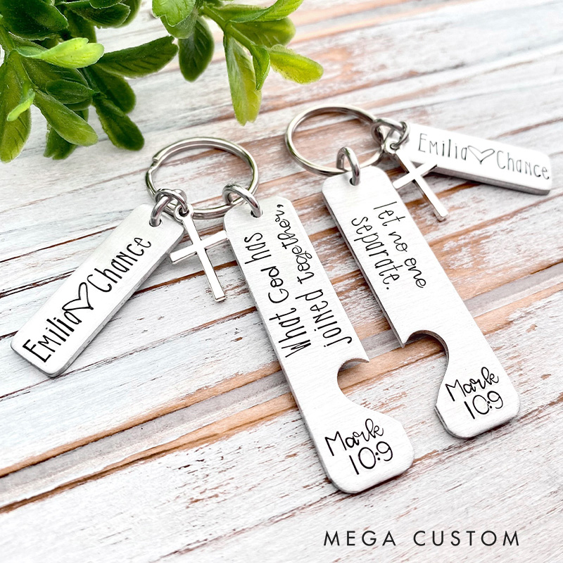 Personalized What God has Joined Together Let no One Separate Mark 10:9 Couple Keychain Set with Name Religious Gift Valentines Gift for Couple