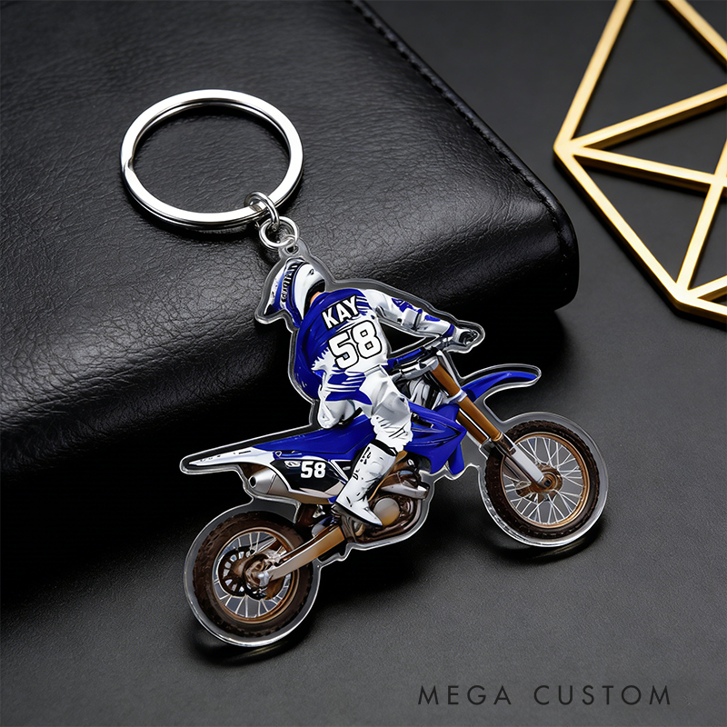 Personalized Motorcycle Gifts Custom Rider Keychain with Name and Number Motocross Key Ring for Biker Fans