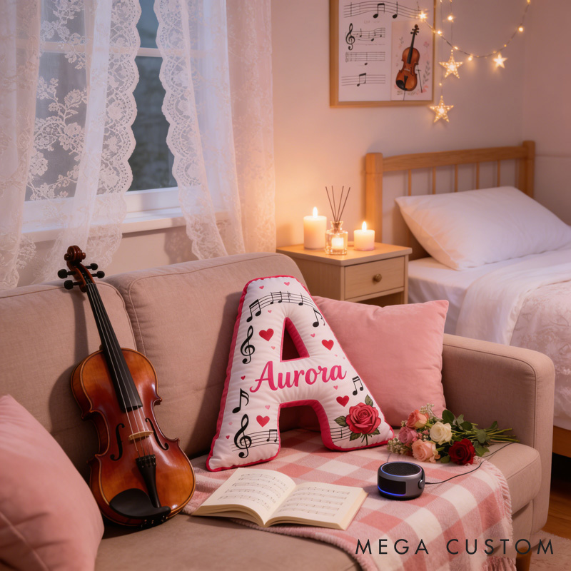 Personalized Rose Heart Sheet Music Letter Pillow with Name Soft Stuffed Toy for Kids Lover Music Lovers for Valentine's Day Anniversary Confession