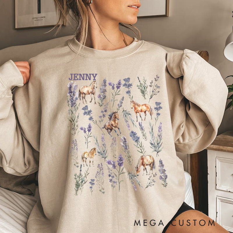Personalized Floral Horse Sweatshirt Lavender Horse Girl Sweater Lilac Flower Crewneck Floral Equestrian Shirt Horseback Riding for Riding Lovers