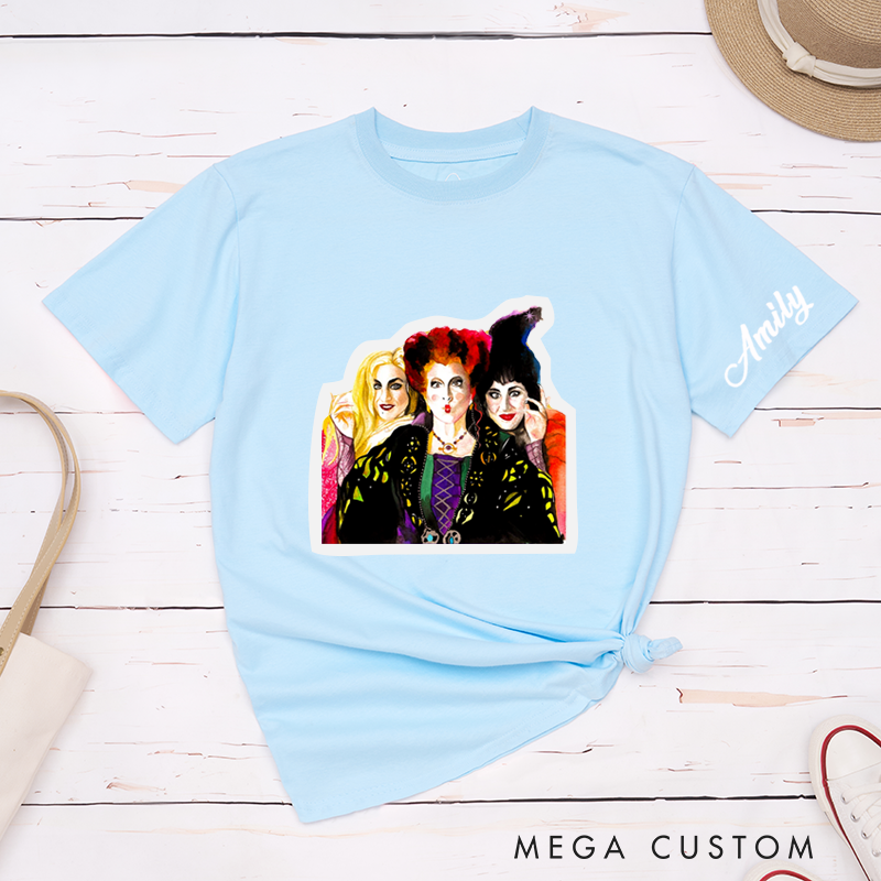 Personalized Vintage Witches Illustration Classic T-Shirts Unique Halloween Costume Gift for Men Women Friends Custom Name Magical Group Artwork Tee