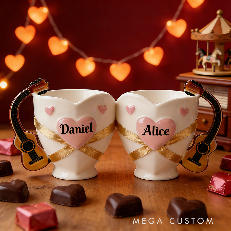 Personalized Couple Guitar Handle Heart Mugs – Custom Name Valentine’s Day Ceramic Mug Set
