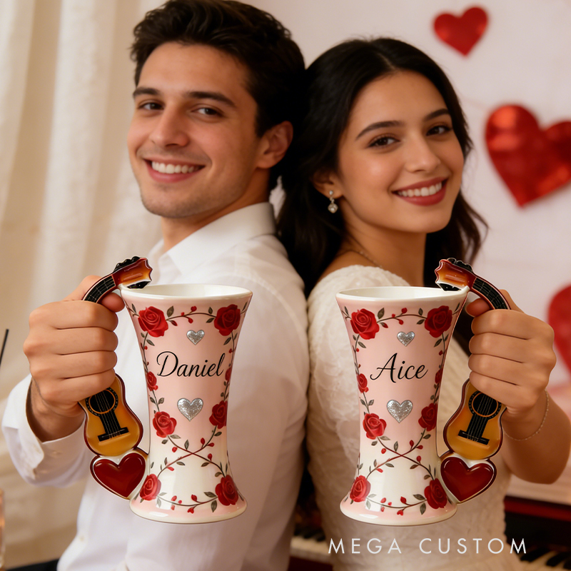 Personalized Rose & Guitar Handle Couple Vases – Custom Name Valentine’s Day Ceramic Vase Set