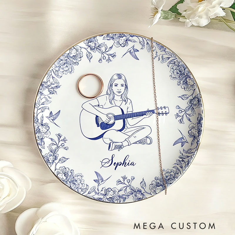 Personalized Guitar Girl Jewelry Dish Custom Photo and Name Music Gift for Girls Guitar Teacher Recital Gifts Guitarist Trinket Tray Band Ring Holder