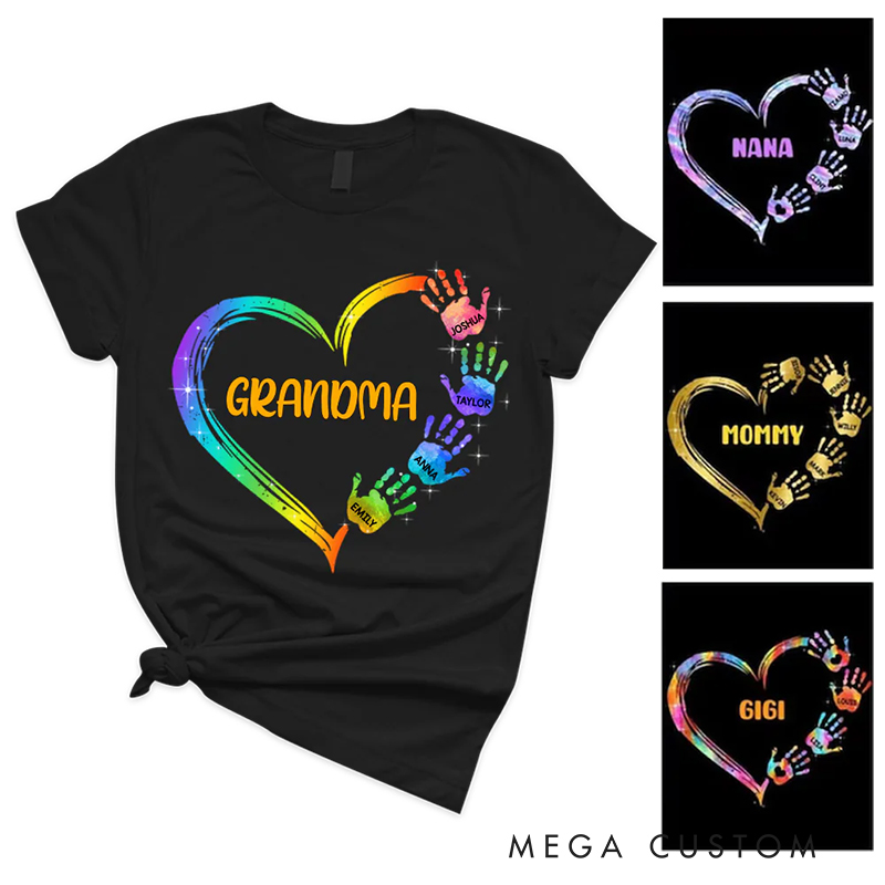Personalized Colorful Heart Hand Print Shirt Custom Mom Grandma Shirt Grandma Heart And Hand Print Shirt Birthday Mother's Day Gift for Mom Grandma