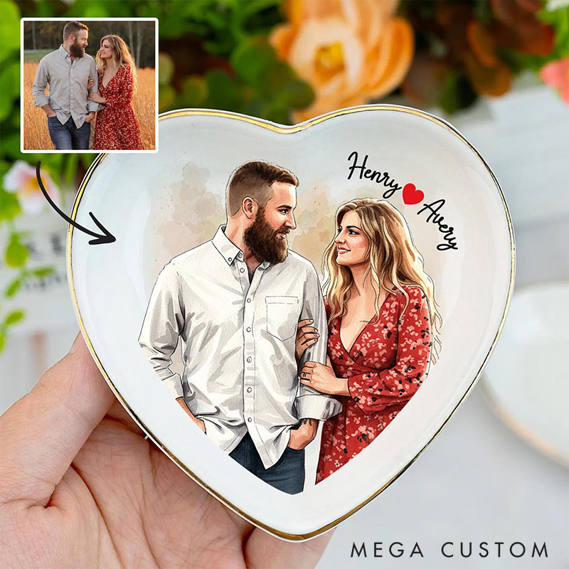 Personalized Heart Flower Ceramic Trinket Jewelry Dish with Initial and Date Toile De Jouy Ring Dish Valentine's Gift for Wife Anniversary Gift for Girlfriend