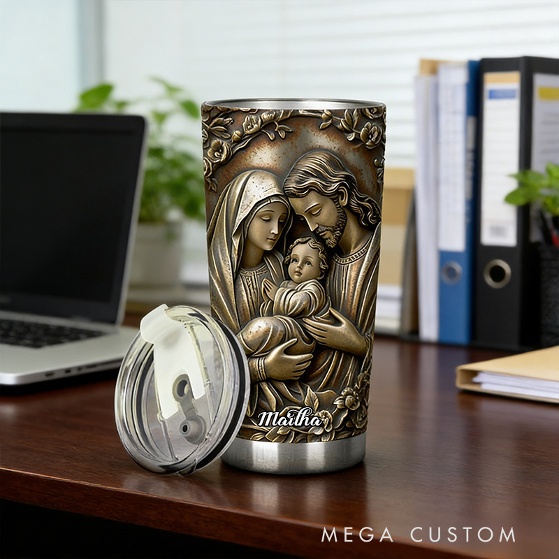 Personalized the Holy Family 20oz Stainless Steel Tumbler with Custom Name 3D Design Tumbler Religious Gift Faith Gift for Christians