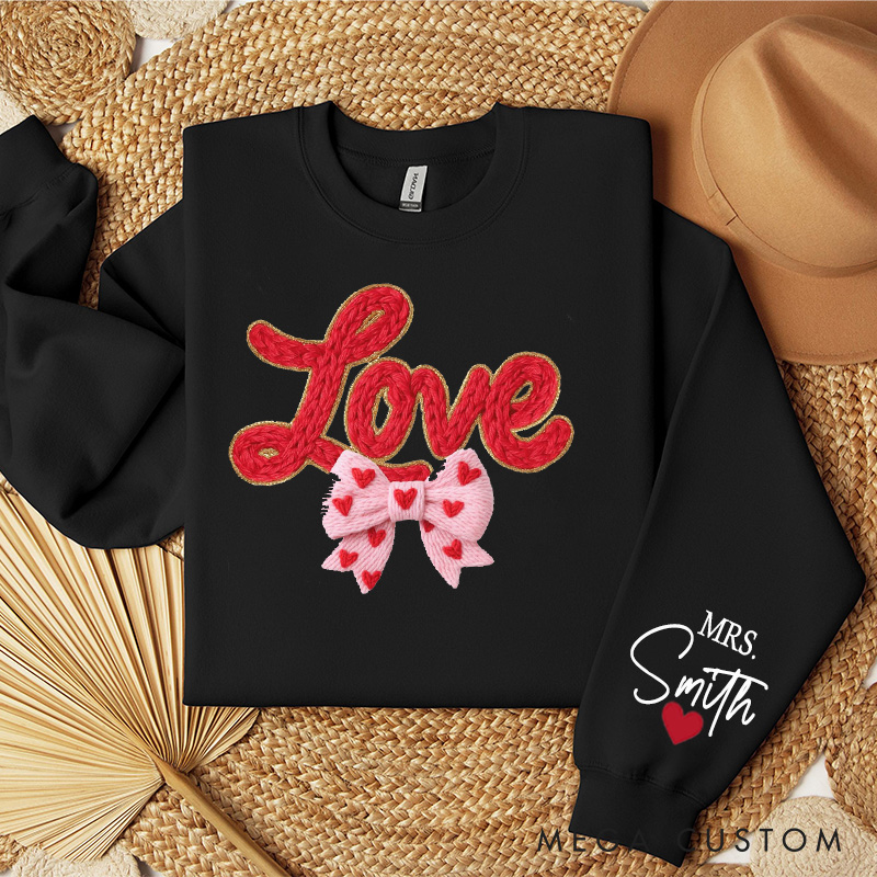 Personalized Girlfriend Wife Fur Thread Love with Bow Valentine's Day Sweatshirt with Name Valentine's Day Gift for Man Woman Anniversary Gift