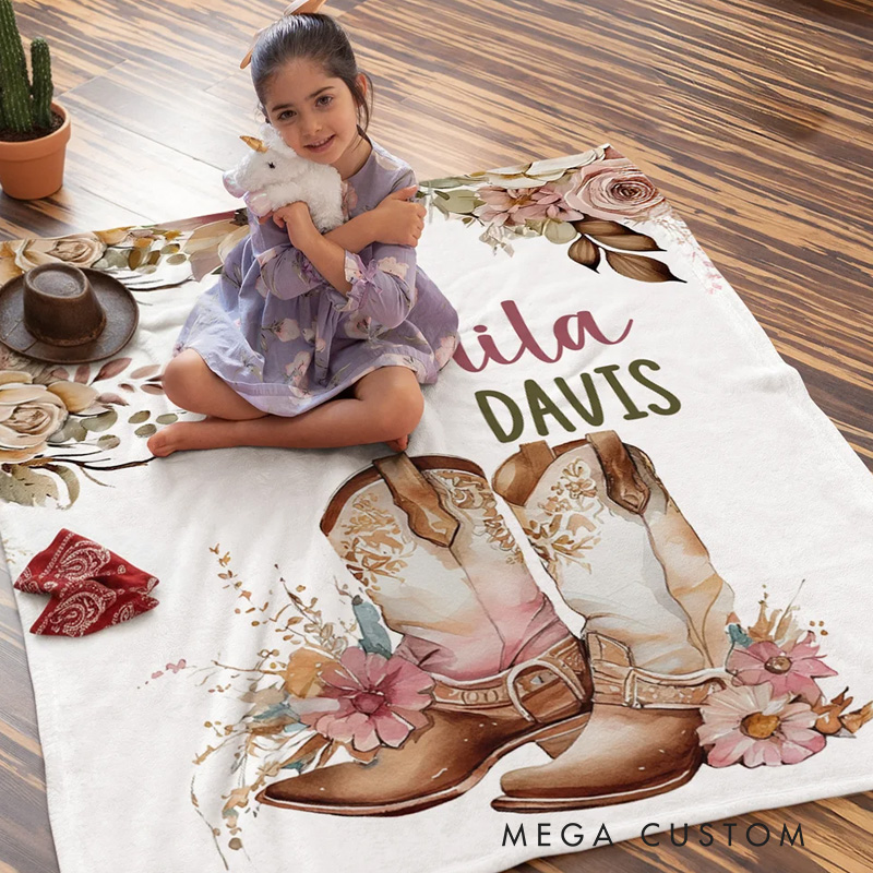 Personalized Floral Cowgirl Boots Western Soft Throw Blanket with Name Home Decor Western Nursery Birthday Gift for Cowgirls Friends Riding Lovers Equestrian Lovers
